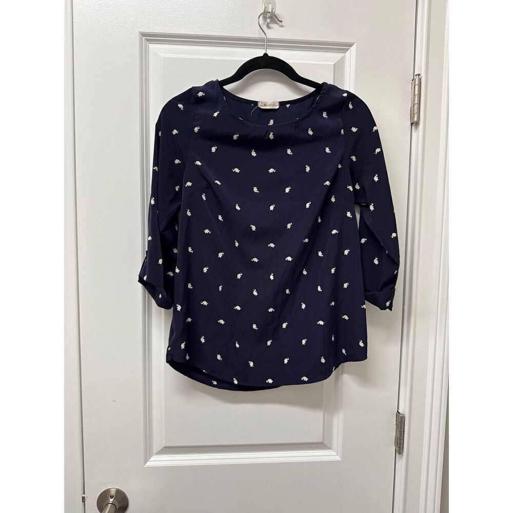 Everly Elephant print Navy blouse work suiting size S